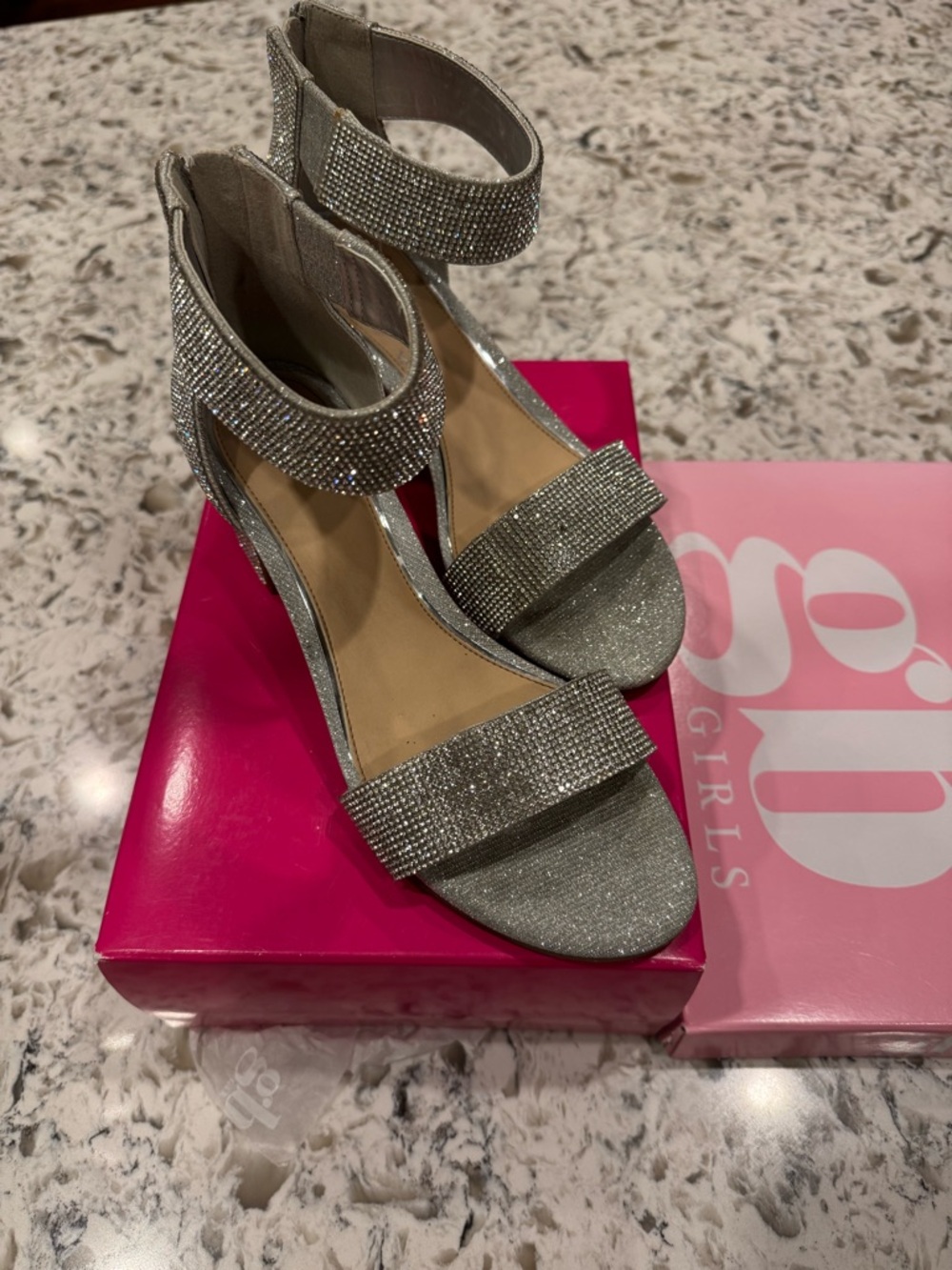 GB girls Silver Rhinestone Ankle-Strap Heels